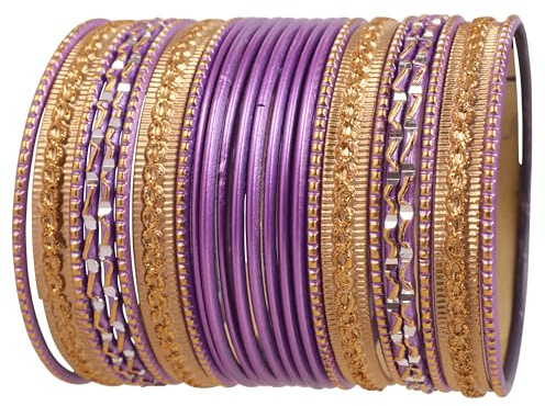 Touchstone Bunte 2 Dutzend Armreifen Kollektion Indische Bollywood Legierung Metall texturiert lila Designer Schmuck Armreif Armbänder Set von 24 in antiken Goldton für Frauen