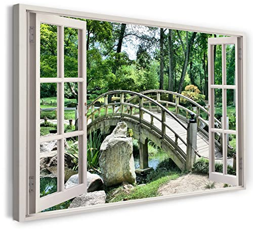 Bilder Fensterblick 120x80cm Baumwoll-Leinwand auf Keilrahmen mit Aufhänger moderner Kunstdruck XXL Wandbilder Wand-Dekoration Japanische Brücke Garten Natur Pflanzen Bach - Natur-Fotografie