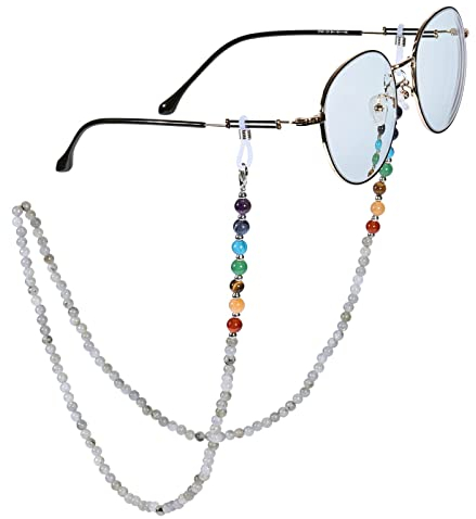 Nupuyai 7 Chakra Stein Perlen Brillenkette Damen Kristall Sonnenbrillenkette Gesichtsmaske Kette Edelstein Brillenband Brillenkordel Brillenhalter für Lesebrillen, Myopiebrille Labradorit