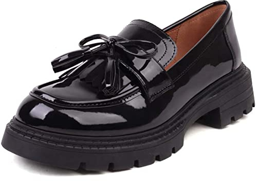 British Style Women's Fashion Loafers, Patent Leather Tassel Loafers, Black Thick-Soled Loafers, Slip-on Thick-Soled Loafers, Simple Casual Flat Shoes, Plus Size Shoes., Black, 6 UK