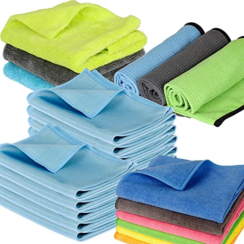 22 Teile Set - Mikrofaser Mikrofasertücher - Pflege Putz Reinigungs Tücher - Poliertuch Glastuch für Lack, Glas, Spiegel, Handtuch, Amatur und Felgen - Reinigungzubehör