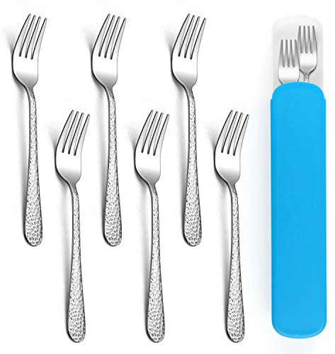 Set de fourchettes pour enfants, Herogo 7 pièces couverts pour enfants en acier inoxydable avec étui bleu, poignée martelée, fourchettes pour enfants, vaisselle pour enfants pour maternelle, école