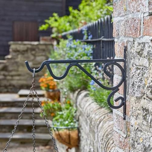 Garden Mile 16”–18” Heavy Duty Hanging Basket Bracket Outdoor Wall Mounted Black Coated Steel Garden Hook for Flower Baskets, Bird Feeders, Solar Lights, & Decorative Plant Hanger Fence Wall Bracket
