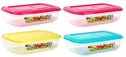 Acan Tradineur - Pack de 4 Fiambreras rectangular con tapa - Fabricado en plástico - Capacidad de 1,8 Litros - Apta para microondas y lavavajillas - 6 x 26,5 x 18 cm - Tapa Color Aleatorio