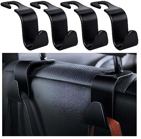 Kewucn 4 Pack Car Seat Headrest Hook, Stylish Back Seat Hook Holder Organizer for Handbag Purse Clothes Coats Grocery Bags, Universal Vehicle Interior Accessories for Most Cars (Black)