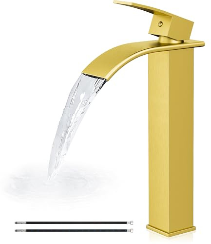 Airuida Brushed Gold Tall Waterfall Bathroom Vessel Sink Faucet Modern Bathroom Vanity Faucet Single Handle Single Hole Farmhouse Bar Mixer Tap Washbasin Faucet Deck Mount