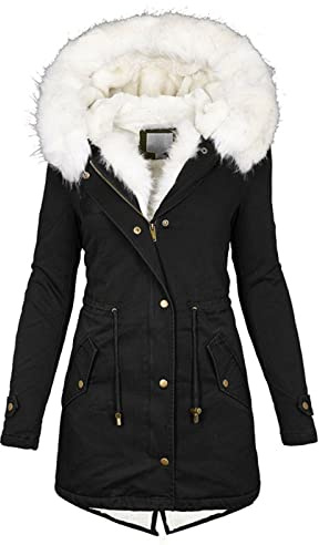L9WEI Abrigo de invierno grueso y cálido para mujer, chaqueta de entretiempo con cremallera, cómoda parka de longitud media con capucha para excursiones de vacaciones y actividades de exterior
