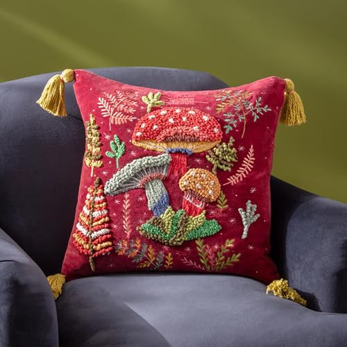 Wylder Nature Magic Mushrooms Embroidered Cushion Cover, Ruby Red