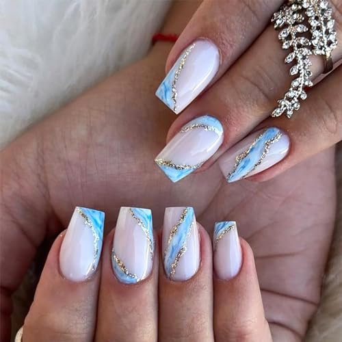 Angwis 24pcs Short Coffin False Nails White Stick on Nails Blue Vague Dyed Press on Nail with Glitter Gold Swirl Removable Glue-on Ballerina Acrylic Full Cover Fake Nail Art Accessories for Women