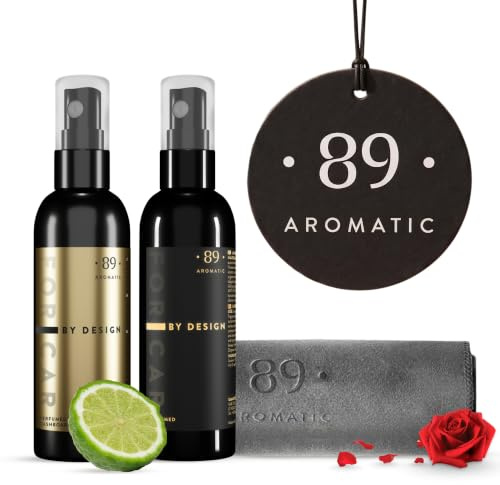 Aromatic •89• Autoduft Parfüm Set - Bergamotte, Rose & Johannisbeere - Auto Duftspray, Reinigungsspray, Mikrofasertuch & Hängepapier Lufterfrischer für Auto Pflege