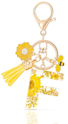 MWOOT Letter Keychain Initiale Schlüsselanhänger Buchstabe,Alphabet Harz Blume Key Chain mit Gänseblümchen Biene Quaste Anhänger Handtasche Geldbörse Charm,Gelb Blütenblatt Keyring für Frauen
