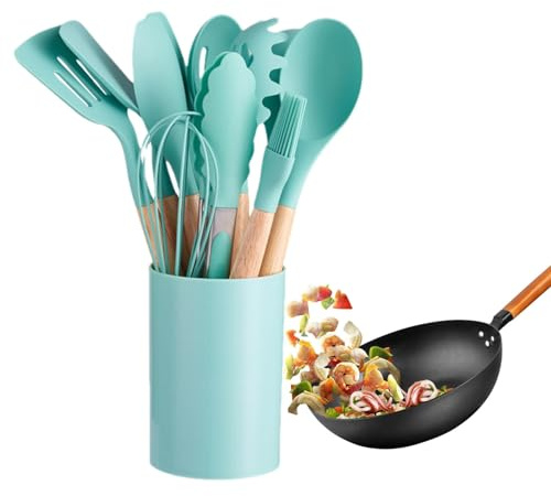 Juego de utensilios de cocina de silicona de grado alimenticio, juego de utensilios de cocina con cubo de almacenamiento, juego de 12 utensilios de cocina antiadherentes con mango de madera para el