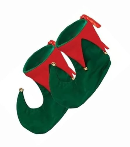 Adults Christmas Elf Shoes With Bells - Elf Green Red Jester Pixie Boots Shoes - Santas Helper Jester Peter Pan Elf Pixie Costume Slipper Boots Shoes Xmas Unisex Fancy Dress Accessory (Red/Green)