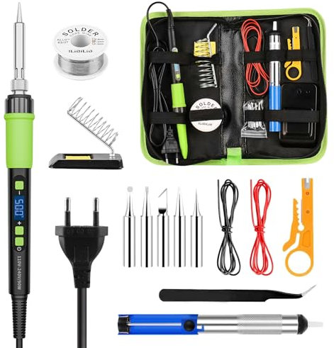 YEEHONEC 90W Lötkolben Set mit LCD-Display & Sleep-Modus, temperaturregelbar (180-500°C), 15-in-1 Lötset inkl. 50g Lötzinn, 5 Lötspitzen, Entlötpumpe, Ständer und Pinzette