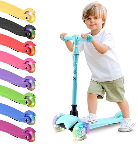 Hurtle Toddler Scooter, Adjustable Micro Scooter for Ages 2-5, Lightweight Kids 3 Wheel Design with LED Light-Up Wheels, Anti-Slip Deck & Lean-to-Steer Control, Indoor/Outdoor Use (Teal)