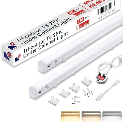 Morris LED Under Cabinet Light 288mm Pack of 2 Linkable 3 Colours in 1 Light 3000k/4000k/6500k Kitchen - UK Plug, Connector Cable and Mounting Hardware Included -