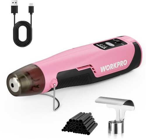 WORKPRO 7.2V Cordless Mini Heat Gun for DIY Crafts, 4000mAh Hot Air Gun, 1.5s Fast Heating, 3 Temp Settings (Cool/572°F/842°F), USB-C Rechargeable, Perfect for Crafts & Decorations - Pink Ribbon