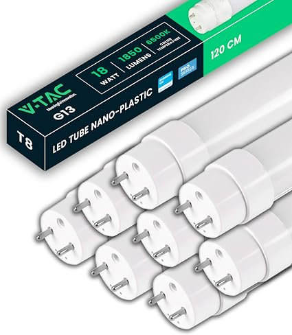 V-TAC 8x Tubi LED 120 CM con attacco G13 18W - 1850 Lumen - Chip Samsung - Tubi LED per Soffitto, Parete, Garage, Negozio - Tubo LED forma T8 - Sostituzione Neon - Luce 6400K Bianca Naturale