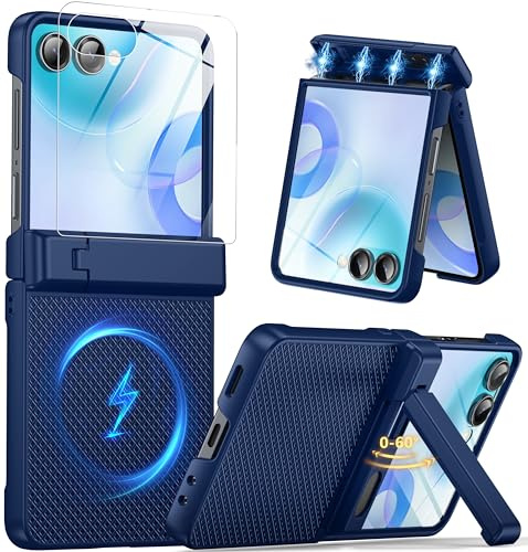Oterkin Magnetic for Samsung Galaxy Z Flip 7 Case with Stand, Built-in[Screen Protector][Hinge Protection]Compatible with MagSafe, Non-Slip Texture Slim Rugged Shockproof Phone Case for Z Flip 7, Blue