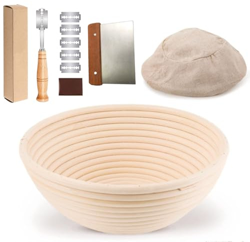 Bread Basket Set, 8.7-Inch Round-Mouth Fermentation Basket Including Cloth Cover, Yeast Bread Making Tool Set, Bread Cutter, Dough Cutter