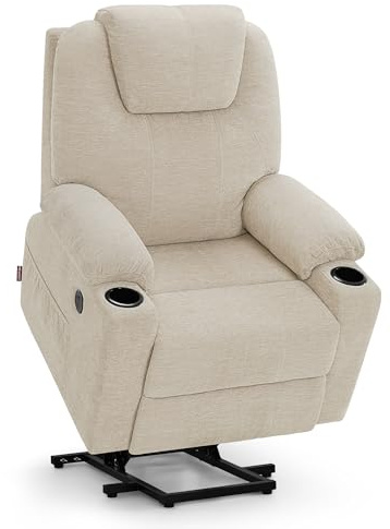 M MCombo Fauteuil Relax avec Aide à la levée électrique, Fauteuil Relax avec Fonction Inclinaison jusqu'à 140°, Massage et Chauffage, avec Port USB, 7040 (Beige-Tissu)
