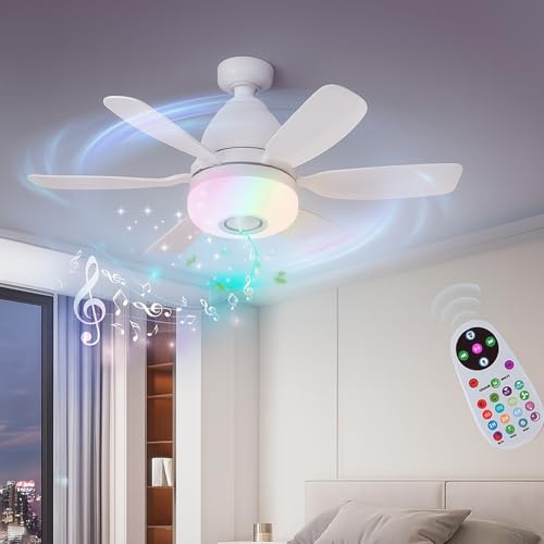 Ceiling Fans with Lights and Remote, 4 in 1 Small Ceiling Fans with Dimmable Led Light, 8 Colors, 3 RGB Mode, 3 Fan Speeds, Screw in E27 Base for Bedroom Kitchen -White
