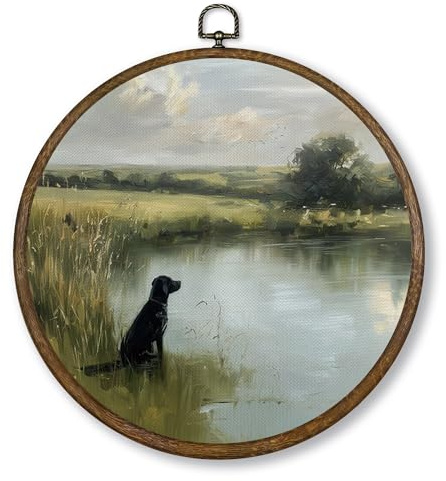 Qskjre Vintage Black Labrador Hunting Dog Wall Art Decor, Rustic Country Dog Pond Landscape Round Wood Framed Canvas Wall Artwork, Farmhouse Hanging Prints for Living Room Gallery Decorations 10x10in