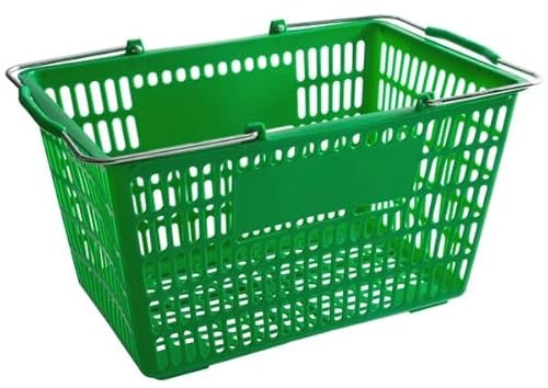 Glownary Plastic Shopping Basket, Green, Steel Handles, 18 11/16 x 12 3/8 x 10 7/16 Inches, 55 lb Capacity, Stackable Design for Grocery Market