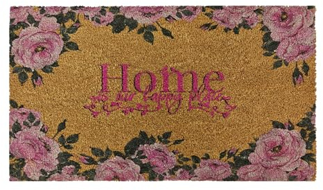Pink Rose Flower - Home is Our Happy Place - Natural Coco Coir Door Mat with Heavy Duty Backing - 17.5x30 Inch - Welcome Mats for Entryway,Outdoor - Front Door Welcome Doormat