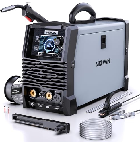 MIGVAN poste à souder MIG/MAG 180A onduleur IGBT 5-en-1 fil fourré, CO₂/MAG, MMA, Lift-TIG, Spoolgun, 230V, 60% de facteur de marche, léger et portable, 2T/4T synergie pour bricoleurs et pros M180