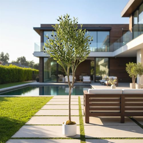 GarveeHome Faux Olive Tree 4.3FT, Indoor Artificial Potted Olive Tree with White Planter, Lifelike 44 Fruits and Realistic Leaves, Modern Fake Tree for Home House Office Patio Decor Gift ﻿ ﻿