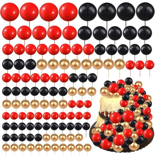 Round Ball Cake Toppers, 120 PCS Cake Balls, Ball Cake Toppers, Mini Balloons Cake, DIY Topper Insert Decoration for Wedding Party Birthday Decorating (120, Black Red Gold)