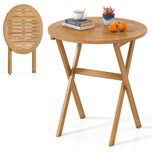 COSTWAY Tavolo Pieghevole da Esterno in Legno di Acacia con Struttura X | Tavolo Bistro Rotondo 67 cm con Piano a Doghe per Giardino, Balcone e Cortile, Portata 80 kg