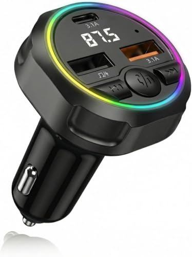 Transmisor Radio FM Bluetooth 5.3 Coche Adaptador Audio MP3 | USB-A 3.1A & USB-C 3.1A, manos libres Parrot, conectar y usar, compatible móviles y unidades flash USB