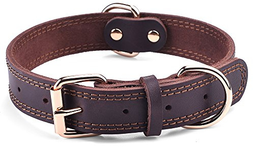 DAIHAQIKO Leather Dog Collar, Heavy Duty Wide Dog Collar for Small,Medium,Large and Extra Large Dogs (M: 1 Wide for 15.2-19.2 Neck, Dual Stitch - Brown)