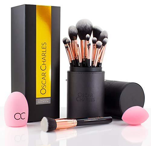 Oscar Charles 17 Piece Professional Makeup Brush Set: Make up brushes with Case, Beauty Blender, Brush Cleaner, Product Guide and Gift Box