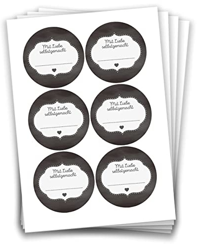 Papierdrachen 24 Selbstklebende Etiketten zum Beschriften - z.B. für selbst gemachte Marmelade - Mit Liebe gemacht - Schwarz - 4 cm große Sticker für Eingekochtes - Homemade - Marmeladen-Aufkleber