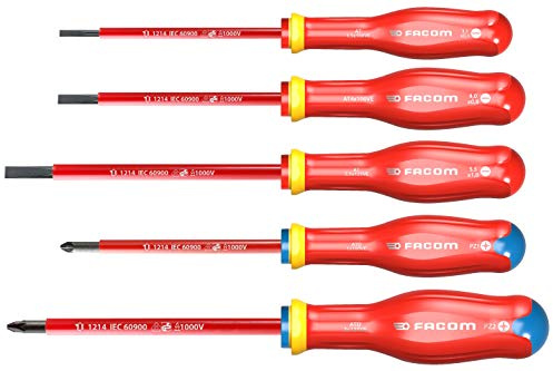 FACOM ATD.J5VE Jeu de 5 TOURNEVIS PROTWIST® isolés 1000 Volts pour vis à fente & pour vis cruciformes POZIDRIV®