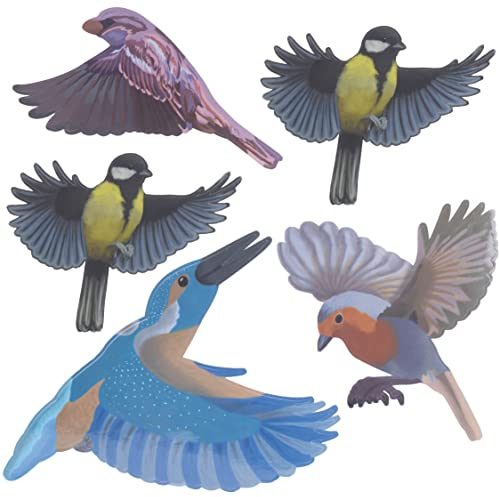 GARDIGO® Vogelschutz Fensterfolie - 5 Stück | Aufkleber Farbig - Außen schwarz/Innen bunt | Dekorative Vogelaufkleber für Fenster Türen Wintergärten Gewächshäuser | Vogel Fensterbilder selbstklebend