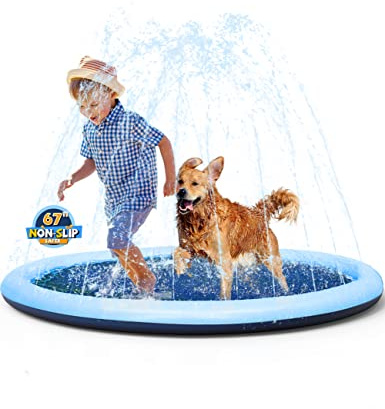 VISTOP Non-Slip Splash Pad for Kids and Dog, Thicken Sprinkler Pool Summer Outdoor Water Toys - Fun Backyard Fountain Play Mat for Baby Girls Boys Children or Pet Dog (67 inch, Blue&Blue)