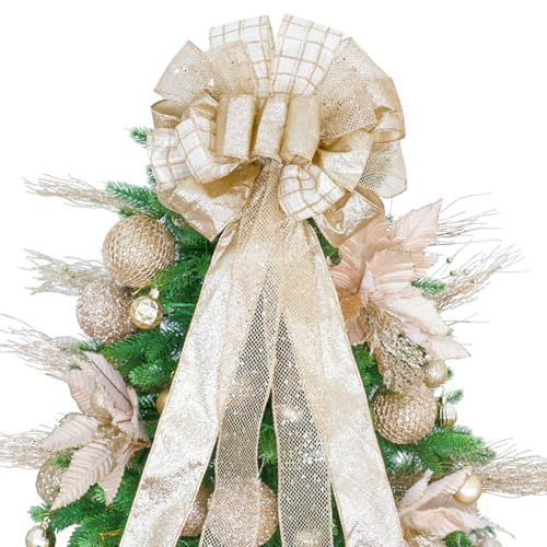 Christmas Tree Topper Bow 52x12“ Christmas Ornament with Glitter Satin Mesh Streamer,for Your Christmas Decor & Ornaments (Champagne Gold)