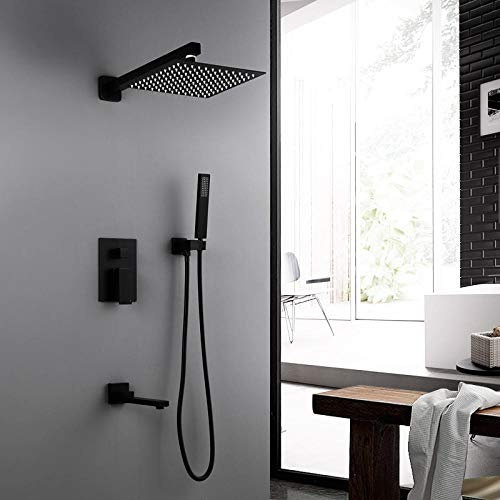 Huin Schwarz 10 Zoll Thermostat-Duscharmaturen Set Regenwasserfall Duschkopf Mischbatterie Bad 3-Wege-Thermostat-Duscharmatur