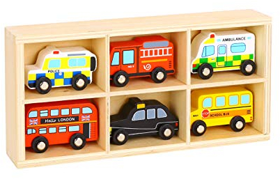 Woody Treasures Wooden Toy Car Set - 6-Piece Wooden Cars Toy with Box - Colourful Vehicle Toys for Ages 3 & Up - Educational & Fun for Kids, Toddlers, Preschoolers, Girls & Boys