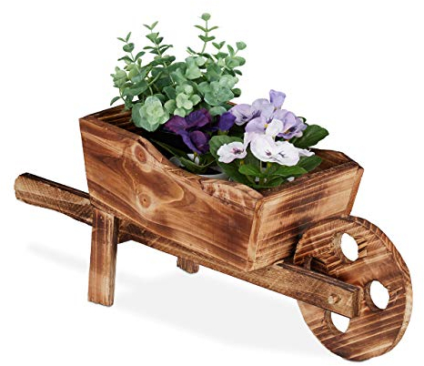 Relaxdays Carriola Porta Fiori, Legno Effetto Bruciato, Decorazione da Giardino Vintage, Vaso Giardinaggio, Naturale