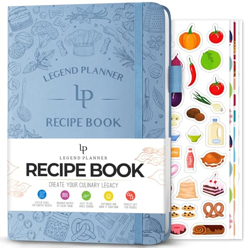 Legend - Libro di ricette per la famiglia, vuoto, per scrivere le tue ricette, diario di cucina vuoto, quaderno di cucina personalizzato, copertina rigida, formato A5, 58 ricette in totale, pervinca