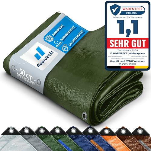 Floordirekt | Toile multiusage avec Oeillets | Bâche de Protection | Toile de Tente pour Le Camping et Le Jardin, imperméable | Vert, 3m x 5m = 15m² (140 g/m²)