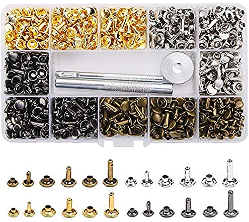 180 Sets 3 Größen Leder Nieten Doppelkappe Rivet Tubular Metall Ohrstecker mit 3 Werkzeuge Zange/Setzer für DIY Lederhandwerk kleidung (Gold Silber Messing und Gunmetal)