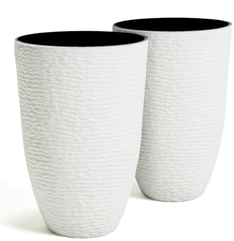 Worth Garden 2 maceteros Altos Redondos de Resina de 35,56 cm de diámetro y 53,34 cm de Altura para Plantas y árboles, Piedra de imitación, contenedor Decorativo de 34 l para Patio y Porche, Blanco