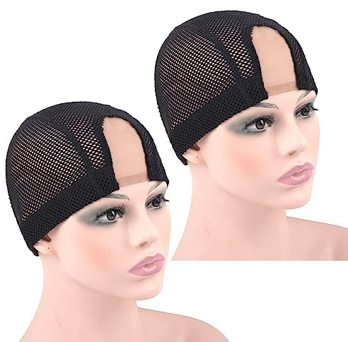 2 Stück 1,4 X 3 Zoll U-Teil Perückenkappe für die Herstellung von Dome Mesh Stretch Weben Perückenkappen für Frauen (Mittel Schwarz) | 3,6 x 7,6 cm U-förmige Perückenherstellung, Häkelmütze