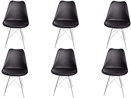 SAM 6er Set Schalenstuhl Lerche, Sitzschale schwarz, Metallfüßen in Chrom